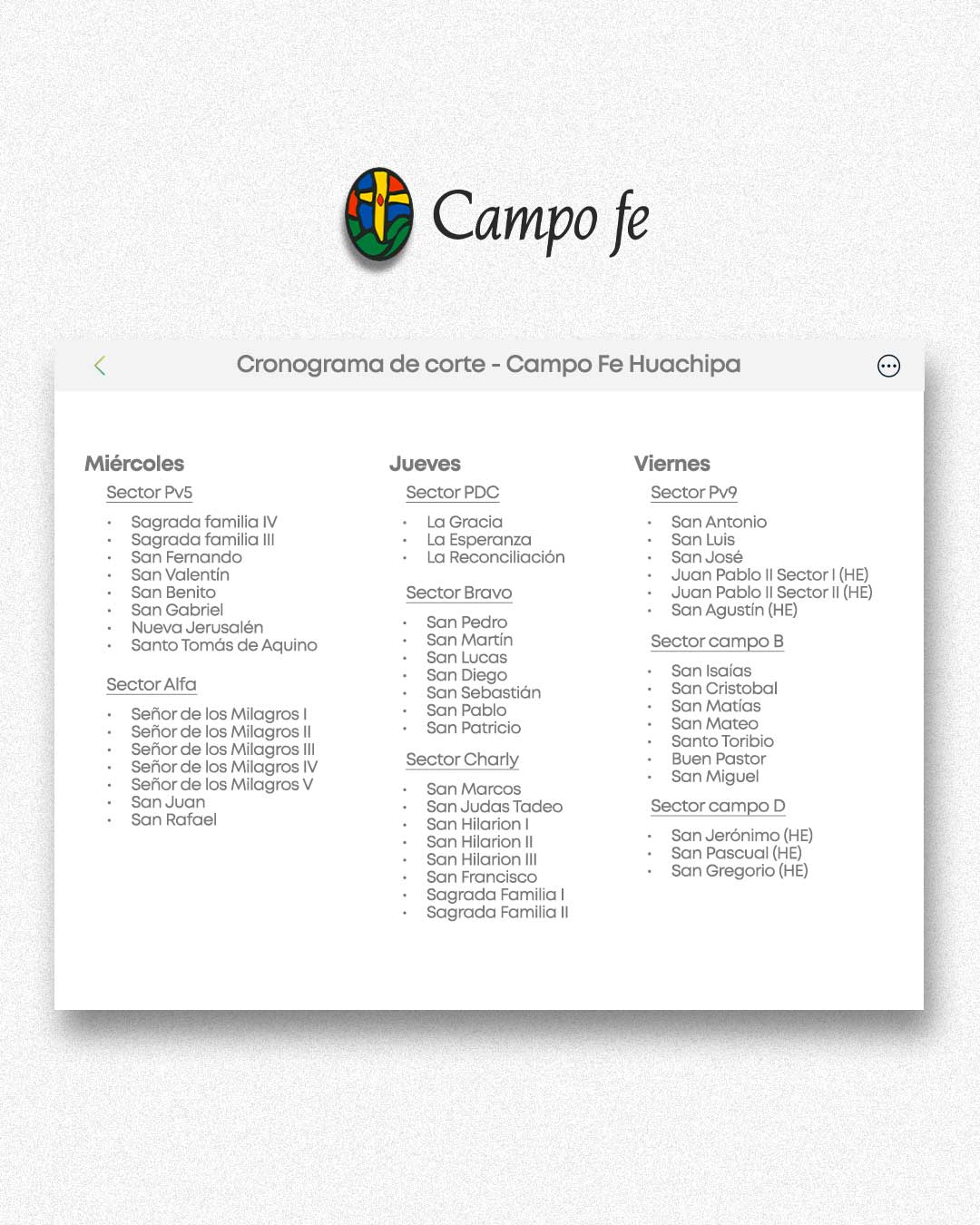 Cronograma de Mantenimiento Campo Fe Huachipa